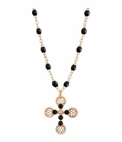 GIGI CLOZEAU Collier Perles Résine Croix Dentelle Diamants Or Rose