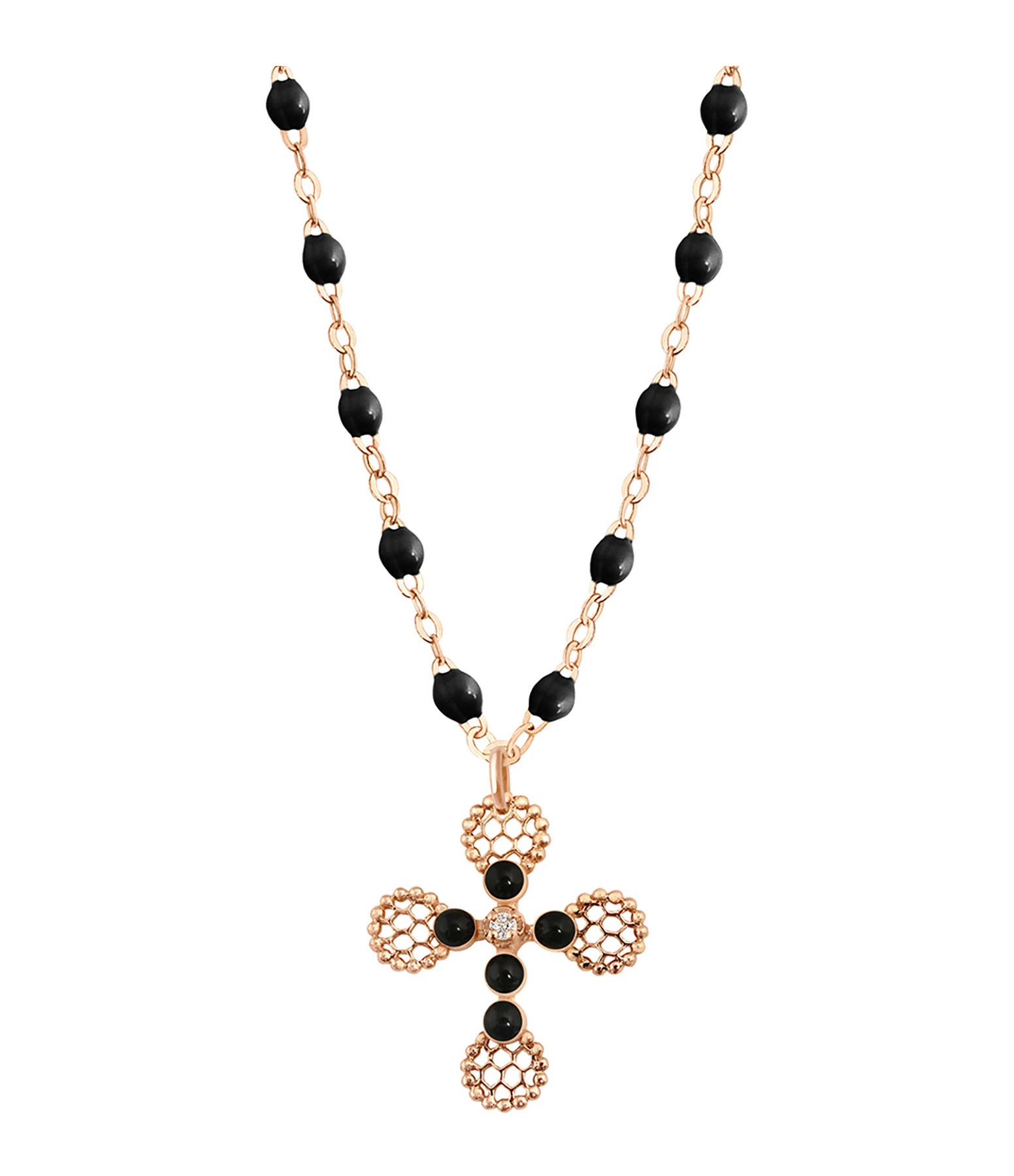 GIGI CLOZEAU Collier Perles Résine Croix Dentelle Diamants Or Rose 1 GIGI CLOZEAU Collier Perles Résine Croix Dentelle Diamants Or Rose