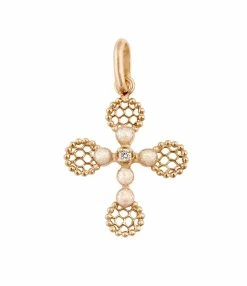 GIGI CLOZEAU Pendentif Croix Dentelle Résine Diamants Or Rose