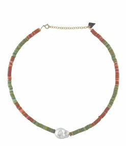 MON PRECIEUX GEM Collier Puka Coquillage Vert Rose Perle Naturelle